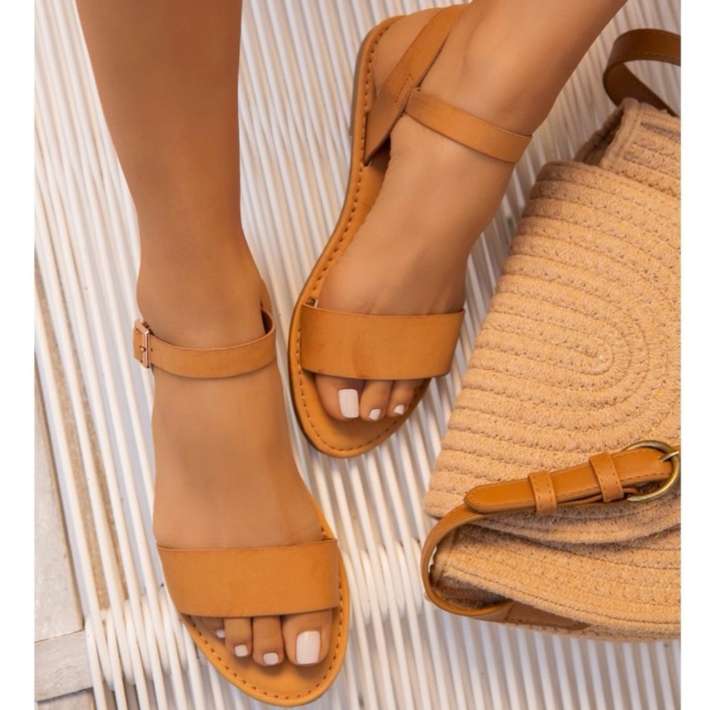 Tan Strappy Flat Sandals - Picture 1 of 9